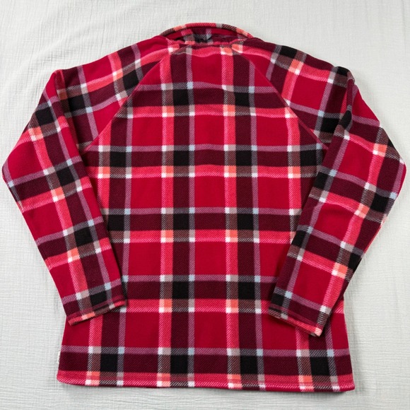 Eddie Bauer Quarter Zip Fleece Pullover Womens Med Red Plaid Camp Hike Cabincore - Picture 3 of 5